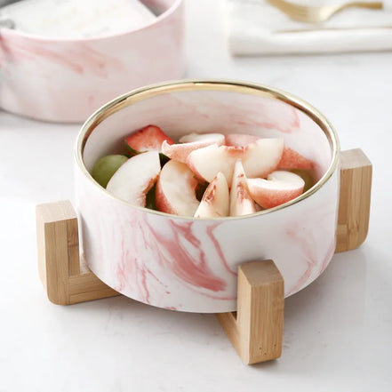 Nordic Marble Ceramic Bowl with Bamboo Rack Holder, Stackable Large Salad Fruit Dessert Bowl, Cat and Pets Dinnerware, 850ml