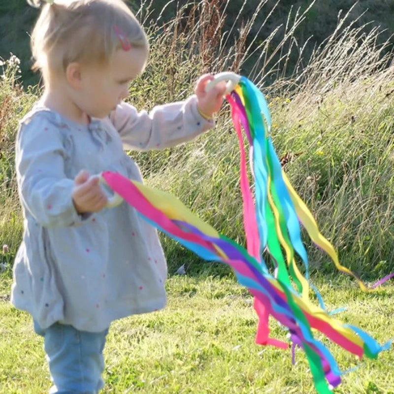 Rainbow Hand Kite Creative Dancing Ribbon Streamer With Wood Ring Wrist Sensory Toys Kids Birthday Party Favors Gifts