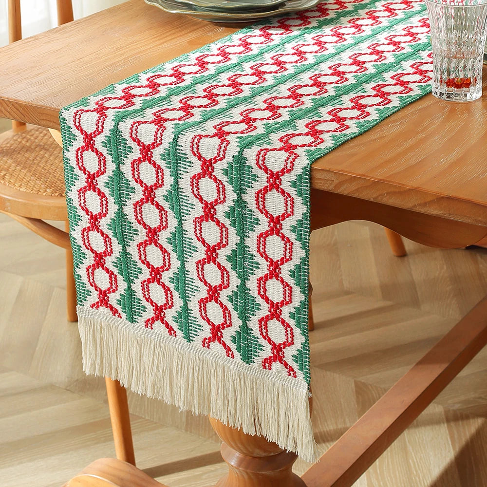 MACT Boho Table Runner with Tassels Home Decorate Christmas Macrame Cotton Linen Woven Table Runner Kitchen Dining Table Party