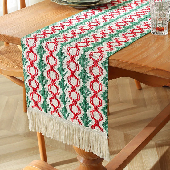 MACT Boho Table Runner with Tassels Home Decorate Christmas Macrame Cotton Linen Woven Table Runner Kitchen Dining Table Party