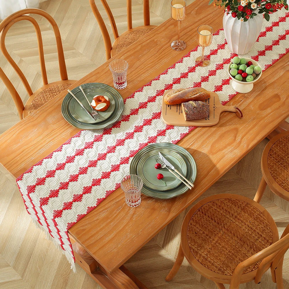 MACT Boho Table Runner with Tassels Home Decorate Christmas Macrame Cotton Linen Woven Table Runner Kitchen Dining Table Party