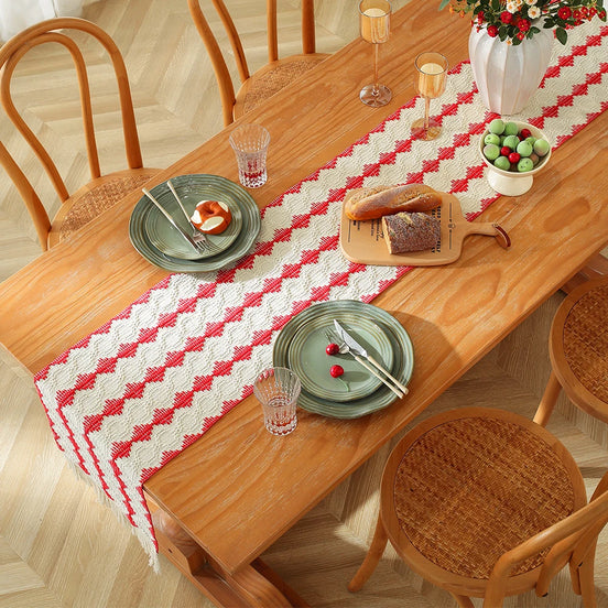 MACT Boho Table Runner with Tassels Home Decorate Christmas Macrame Cotton Linen Woven Table Runner Kitchen Dining Table Party