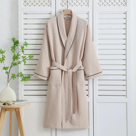 Pure Cotton Nightgown Men And Women Summer Cotton Waffle Bathrobe Couple Four Seasons Thin Bathrobe