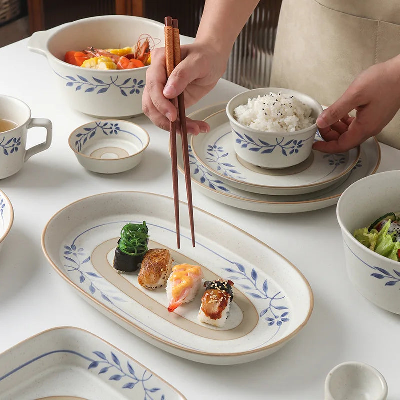 Japanese Retro Ceramic Dinnerware Set Stoneware Bowls Plates Dishes Soup Cups Minimalist Tableware