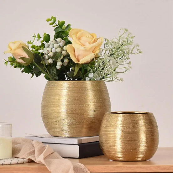 European Gold-Plated Ceramic Flower Pot Succulent Brushed Fleshy Round Vase Living Room Decoration Flower Device