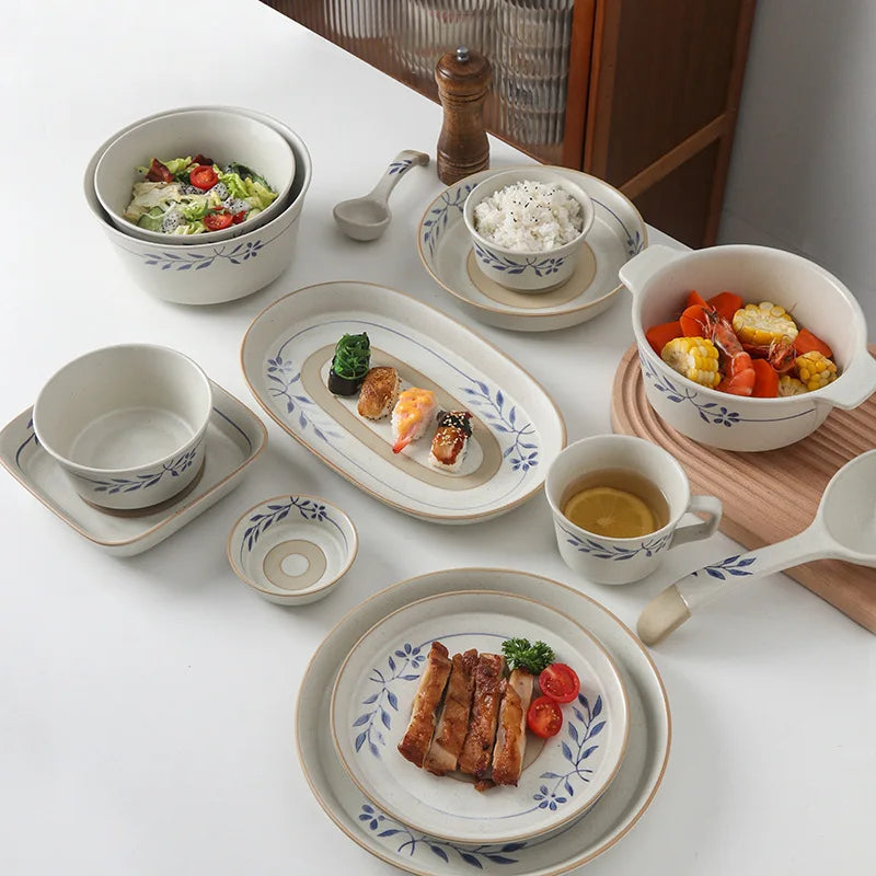 Japanese Retro Ceramic Dinnerware Set Stoneware Bowls Plates Dishes Soup Cups Minimalist Tableware