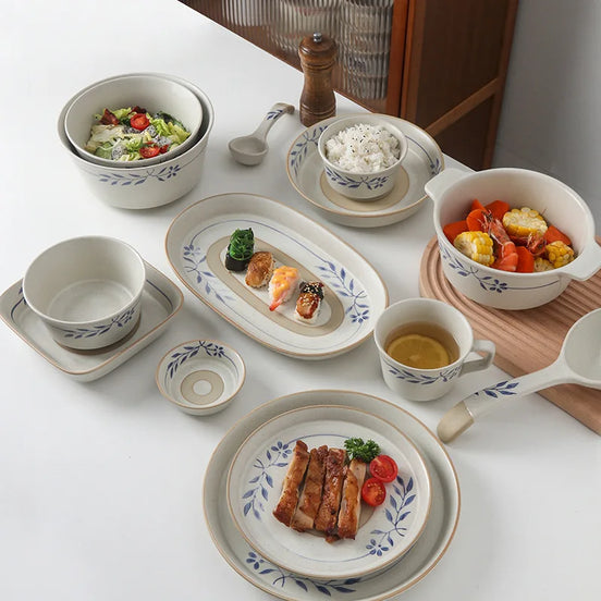 Japanese Retro Ceramic Dinnerware Set Stoneware Bowls Plates Dishes Soup Cups Minimalist Tableware