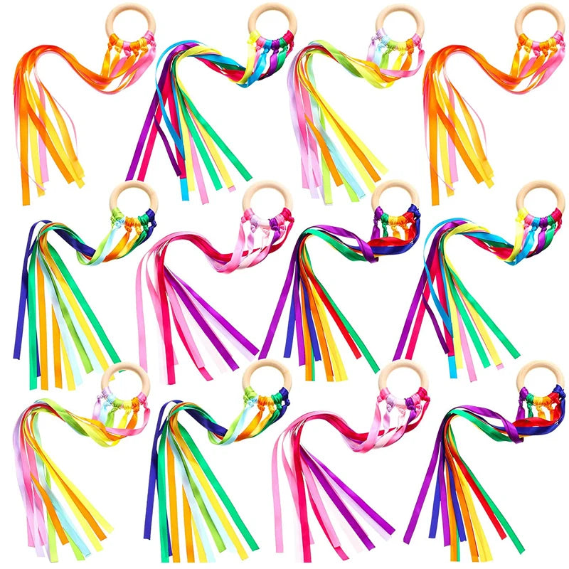 Rainbow Hand Kite Creative Dancing Ribbon Streamer With Wood Ring Wrist Sensory Toys Kids Birthday Party Favors Gifts