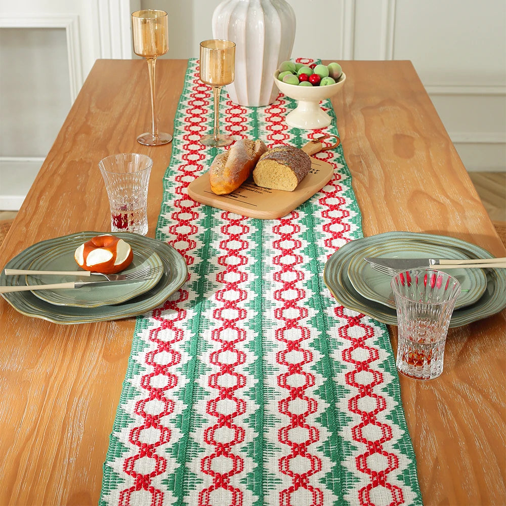 MACT Boho Table Runner with Tassels Home Decorate Christmas Macrame Cotton Linen Woven Table Runner Kitchen Dining Table Party