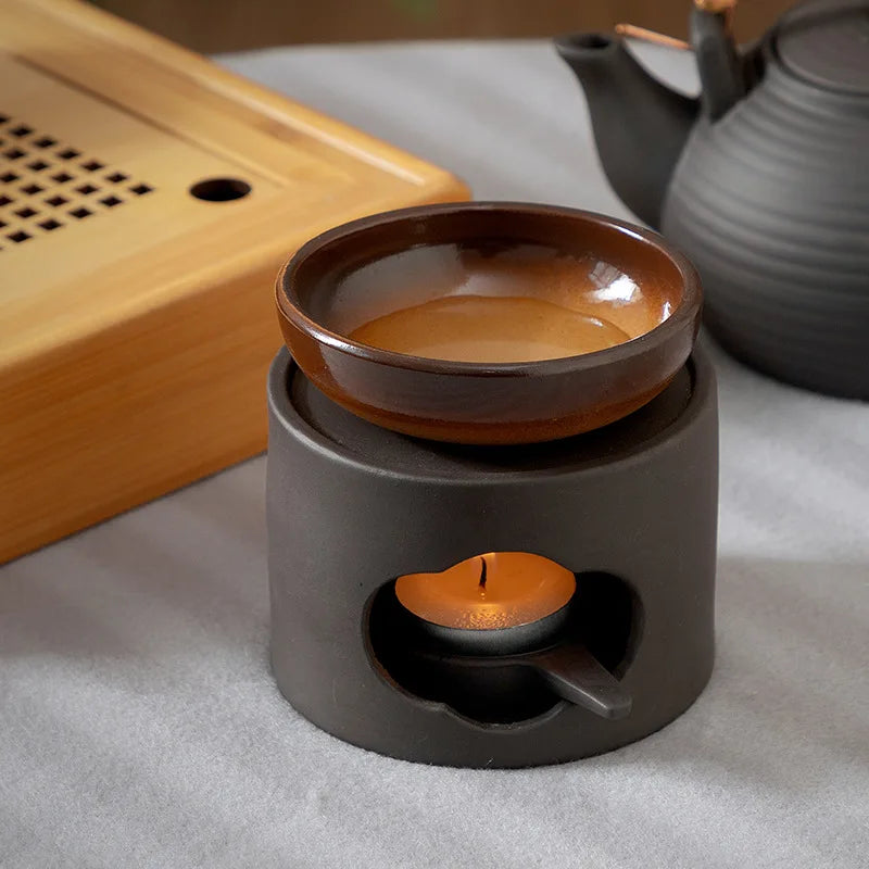 Cinnabar 3 in 1 Coarse Pottery Tea Warmer Ceramic Japanese Style Candle Heating 100ml Reed Diffuser Essential Oil Incense burner