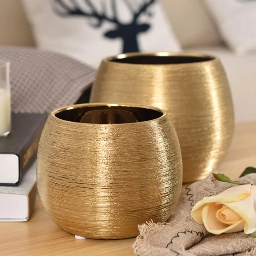 European Gold-Plated Ceramic Flower Pot Succulent Brushed Fleshy Round Vase Living Room Decoration Flower Device
