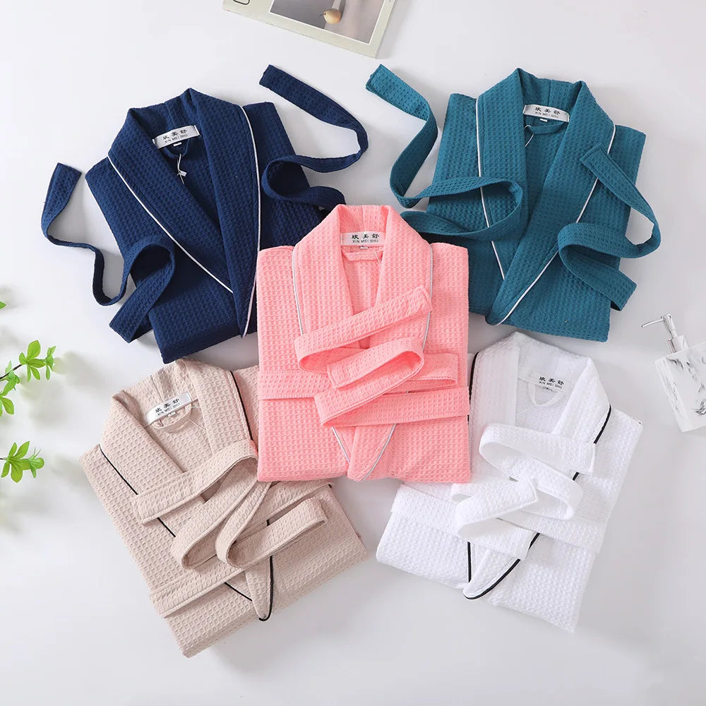 Pure Cotton Nightgown Men And Women Summer Cotton Waffle Bathrobe Couple Four Seasons Thin Bathrobe