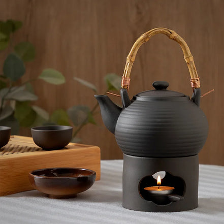 Cinnabar 3 in 1 Coarse Pottery Tea Warmer Ceramic Japanese Style Candle Heating 100ml Reed Diffuser Essential Oil Incense burner