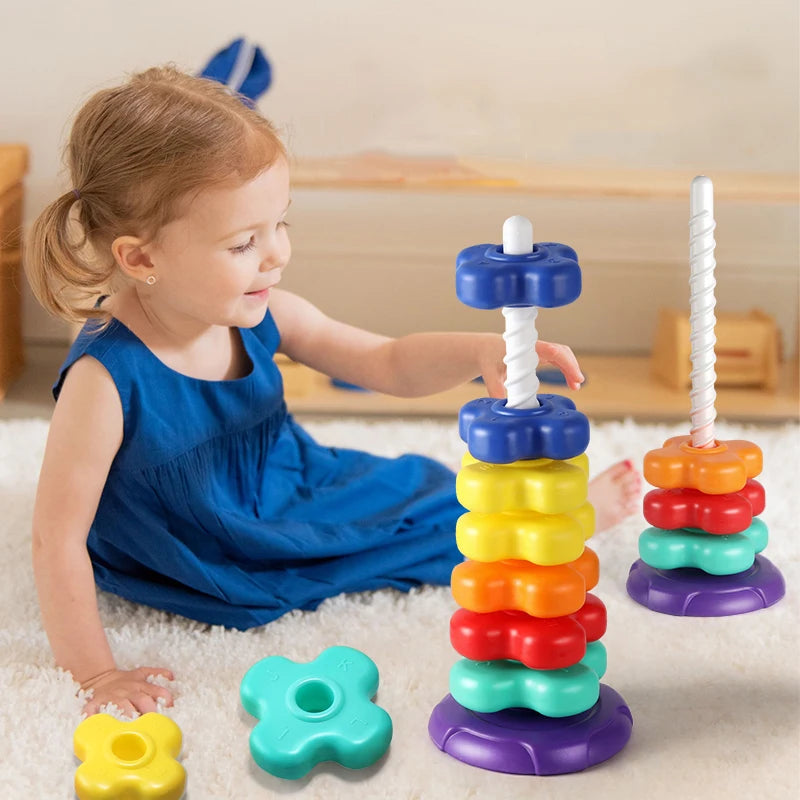 Montessori Rotating Rainbow Tower Baby stacking Puzzle Toys Develop Educational Game Fine Motor Skills Interactive Toys for Kids
