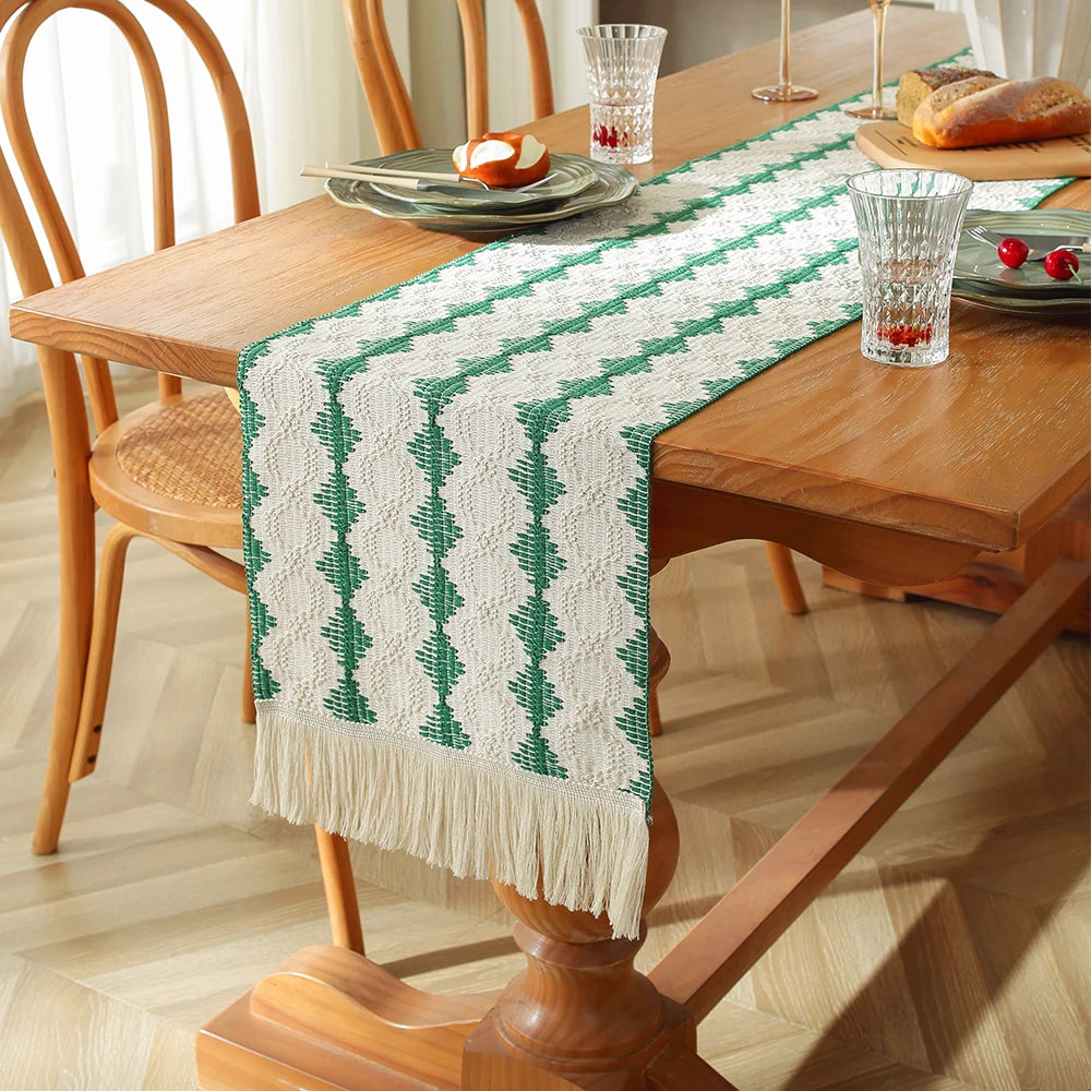MACT Boho Table Runner with Tassels Home Decorate Christmas Macrame Cotton Linen Woven Table Runner Kitchen Dining Table Party