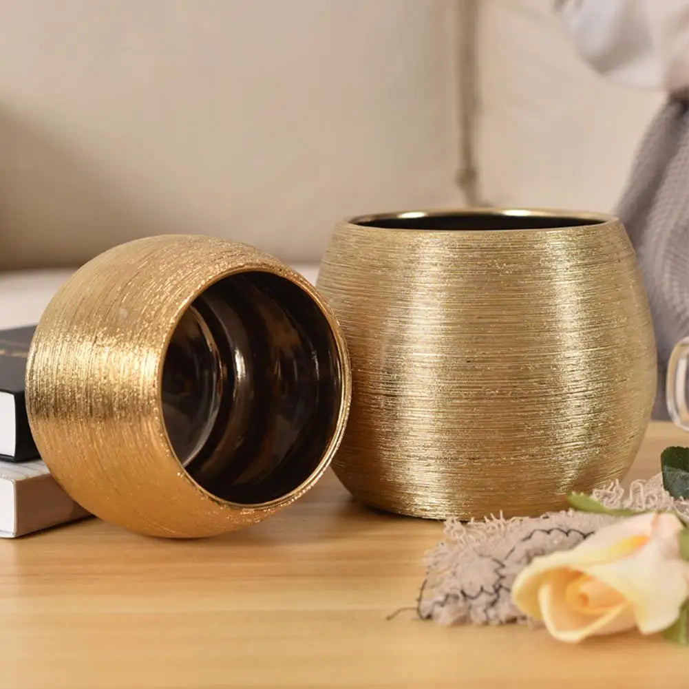 European Gold-Plated Ceramic Flower Pot Succulent Brushed Fleshy Round Vase Living Room Decoration Flower Device