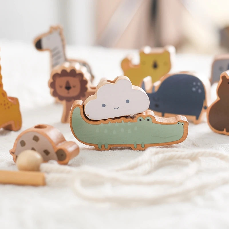 Baby Animal Threading Toys Wooden Stacking Toys Blocks Board Games Wooden Toys Baby Animal Stringing Threading Beads Toys Gift