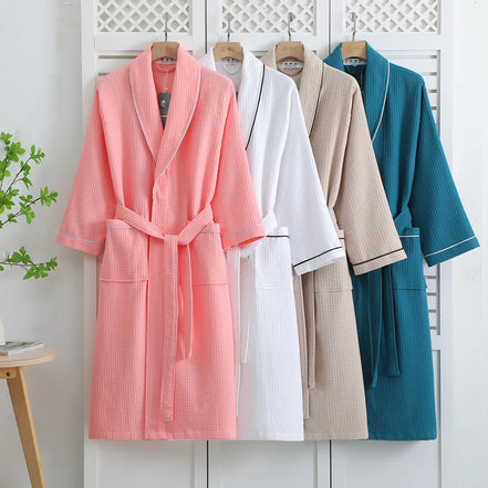 Pure Cotton Nightgown Men And Women Summer Cotton Waffle Bathrobe Couple Four Seasons Thin Bathrobe