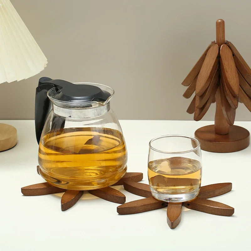 4PCS Bamboo Wooden Tree Design Stand Table Mat Coaster Wood Placemats Pot Trivets Decorative Anti Scald Heat Resistant
