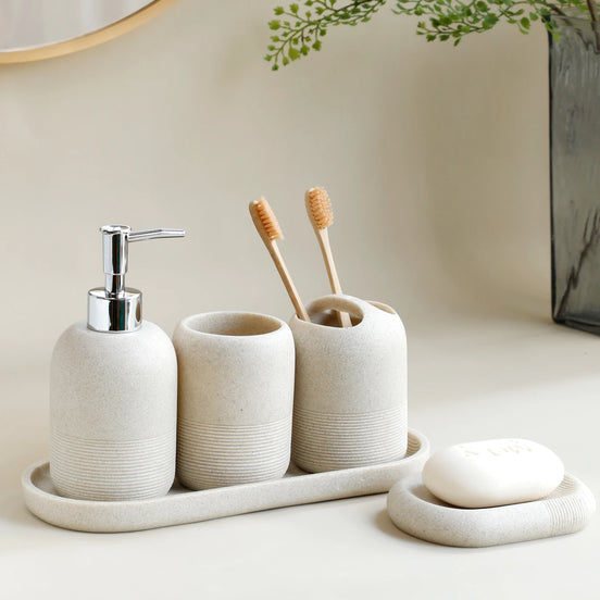 5Pcs athroom Accessories set  Lotion Dispenser Toothbrush Holder Tray Tumbler Cup Soap Dish Beige and Grey
