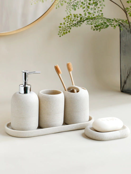 5Pcs athroom Accessories set  Lotion Dispenser Toothbrush Holder Tray Tumbler Cup Soap Dish Beige and Grey